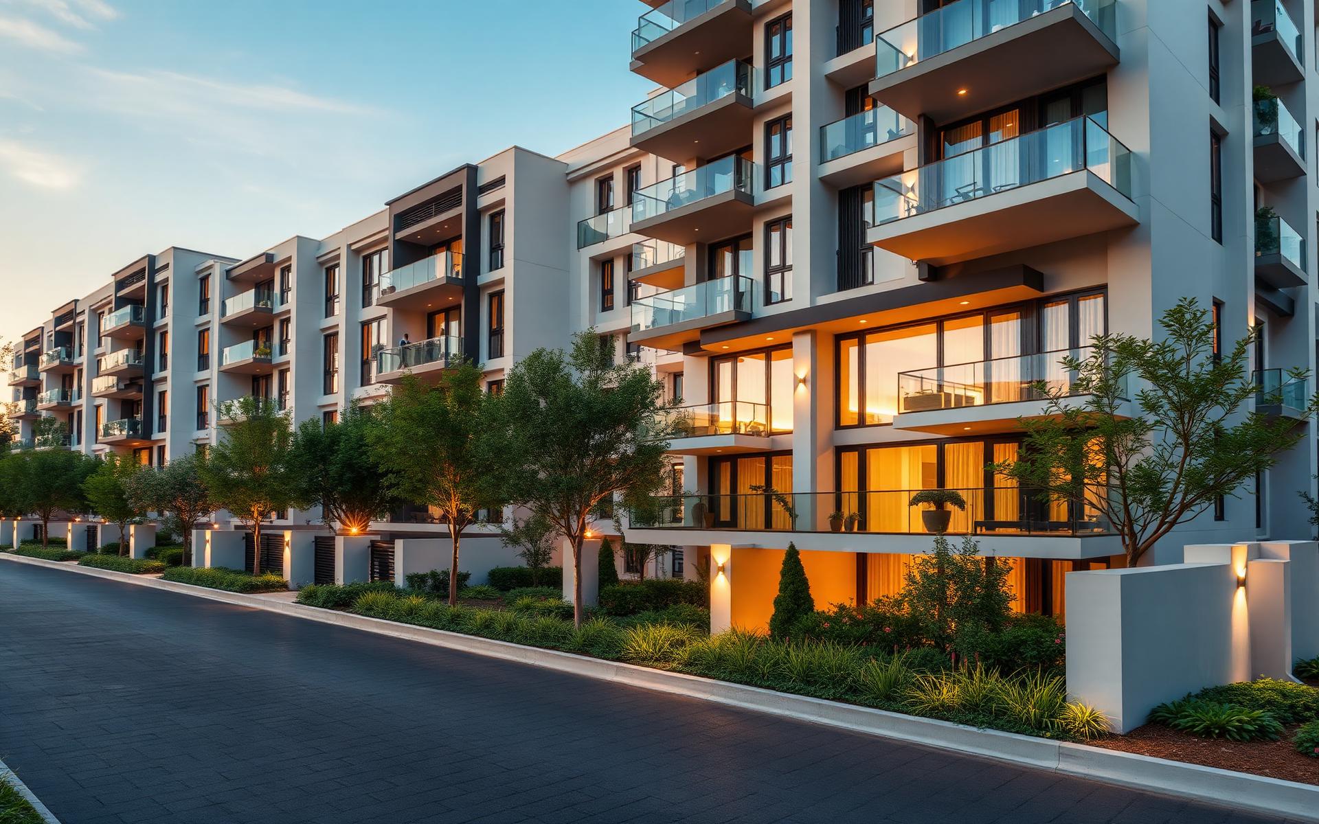 Modern residential building at golden hour